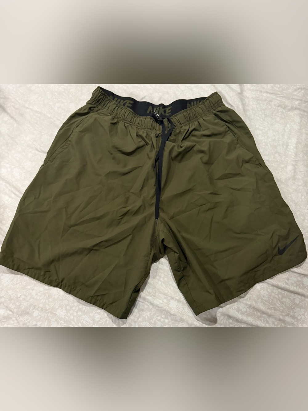 Nike Men's Olive Green Athletic Shorts with Black Waistband